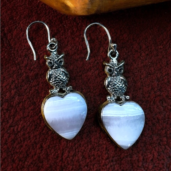 Jewelry - Pink Lace Agate Sterling Silver Owl Drop Earrings